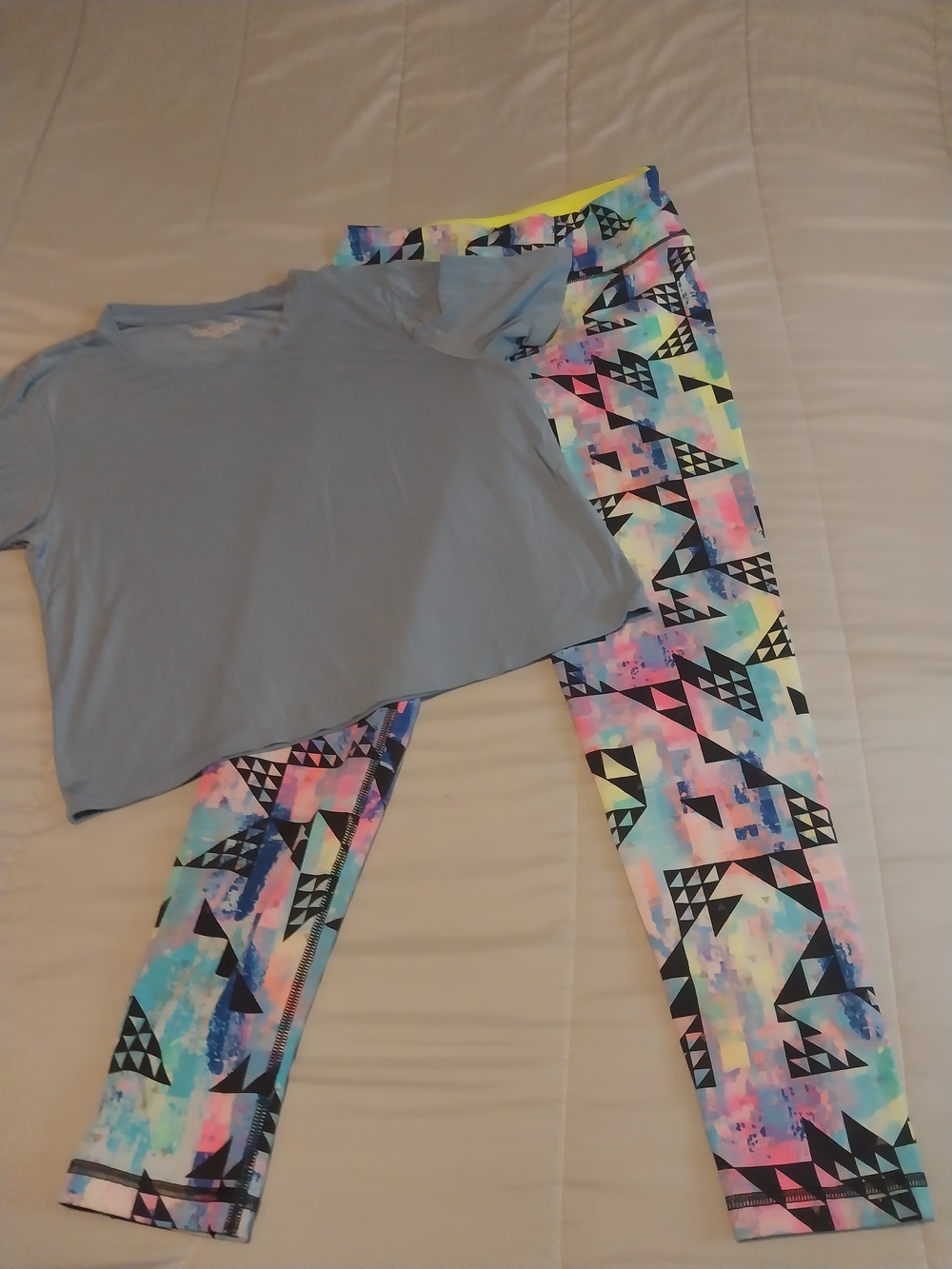 Victoria's Secret Light Blue Tee with Neon Yellow Waistband Leggings